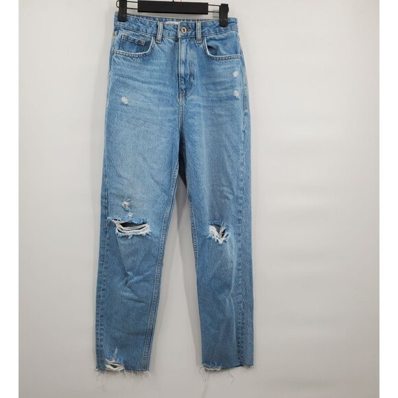 Zara Denim - Zara High Waisted Distressed Jeans Denim Pants Women Size US 2 Raw Hem Cotton